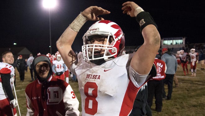 Delsea’s Mason Maxwell celebrates Delsea’s 41-30 victory over Timber Creek in Friday night’s South Jersey Group 3 football semifinal played at Timber Creek High School.  11.17.17