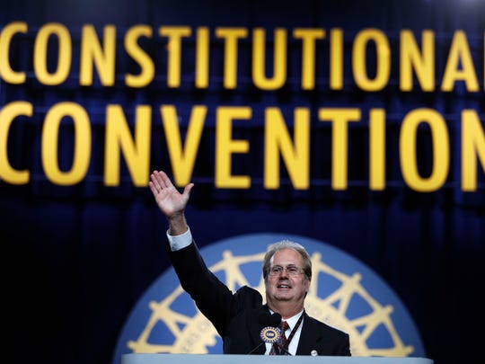 Gary Jones, the newly elected president of the United Auto Workers, addresses the 37th UAW Constitutional Convention on June 14, 2018, at Cobo Center in Detroit.
