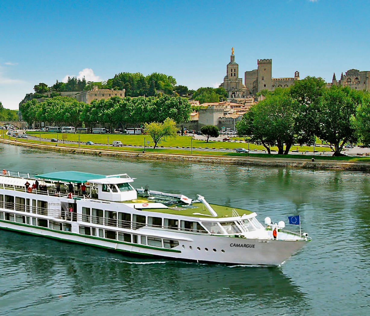 An exterior image of CroisiEurope's MS Camargue. This river ship sails on the Rhone and the Saone.