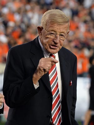 ESPN analyst Lou Holtz before the 2014 BCS National Championship game between Auburn and Florida State at the Rose Bowl.