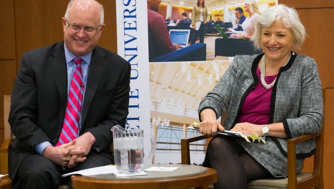 Scott Jensen (left), school choice advocate and senior strategist for the  American Federation for Children, and Julie Underwood, a professor of law and education at UW-Madison, speak during a forum on school voucher programs Wednesday, November 30, 2016 at Marquette University in Milwaukee, Wis.

MARK  HOFFMAN/MHOFFMAN@JOURNALSENTINEL.COM