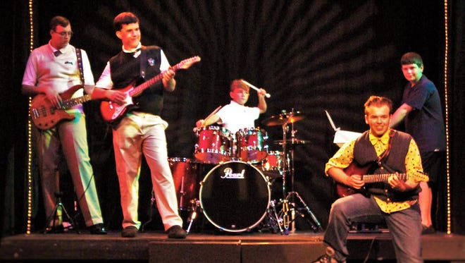 Cast 2 in the Endicott Performing Arts Center’s production of “School of Rock” includes, from left, Trenton Scull on bass, David Gilbert on guitar, Sam Dell on drums, Alex Griffin on guitar, and Devin Miller on keyboard.