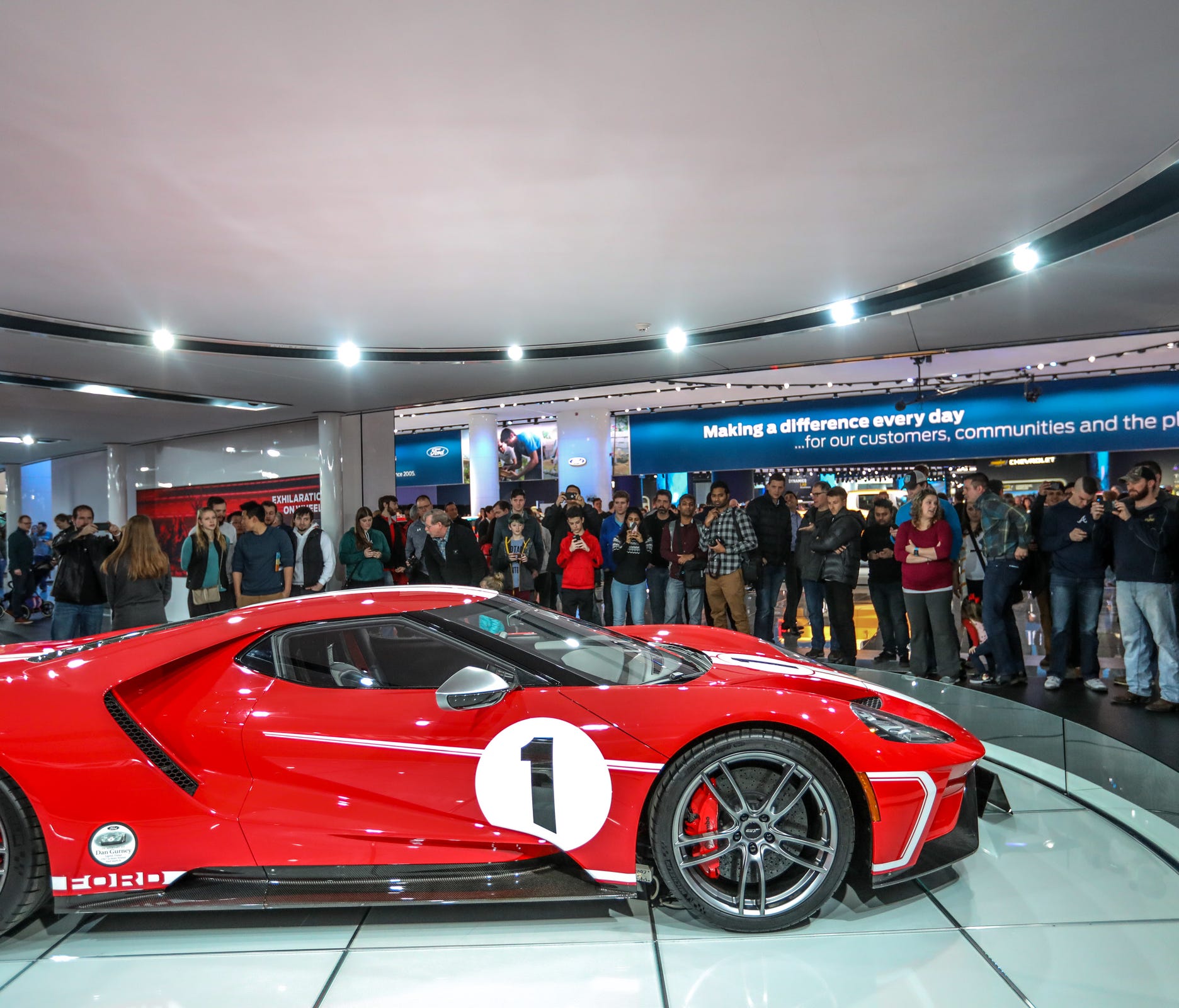 Ford GT is a big attration during the first public day of the North American International Auto Show in downtown Detroit on Saturday, Jan. 20, 2018.