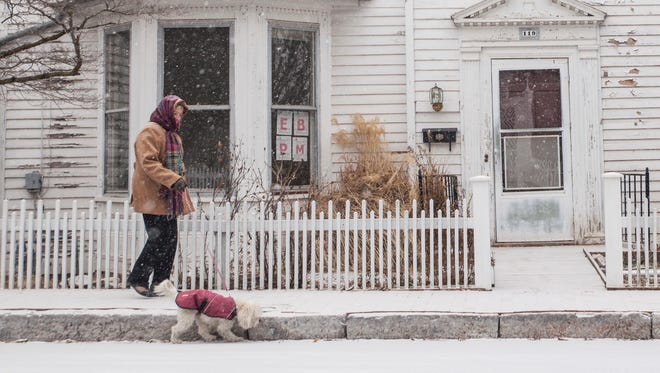 Bundled up against the cold, Virginia Francisco, a retired theatre professor at Mary Baldwin College, walks her dog Diva along the streets of Staunton as the first flakes from Monday's winter storm begin to fall.