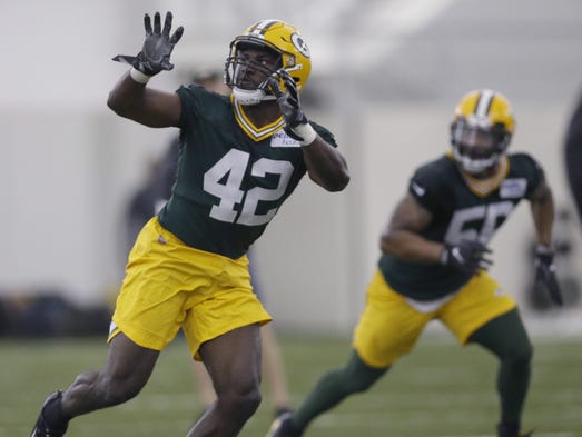 Oren Burks (42) is shown during Green Bay Packers rookie