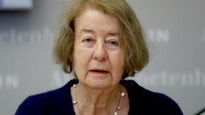 Hilde Schramm attends a press conference in Berlin, Germany, Monday, Jan. 21, 2019. Schramm, daughter of Hitler's architect Albert Speer, receives the Jewish history award for a foundation she founded to support Jewish women's cultural projects.