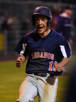 Lebanon's Andy Ortiz reacts after scoring the winning run on a Camyrn Shaak RBI single as Lebanon downed Northern Lebanon 2-1 in 10 innings at Earl Wenger Field in Fredericksburg on Tuesday, May 3, 2016. 