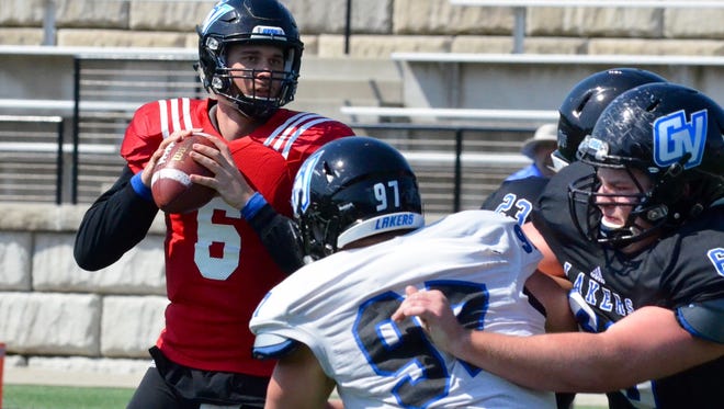 Grand Valley State quarterback Bart Williams throws during the Lakers' annual spring game Saturday at Lubbers Stadium in Allendale.