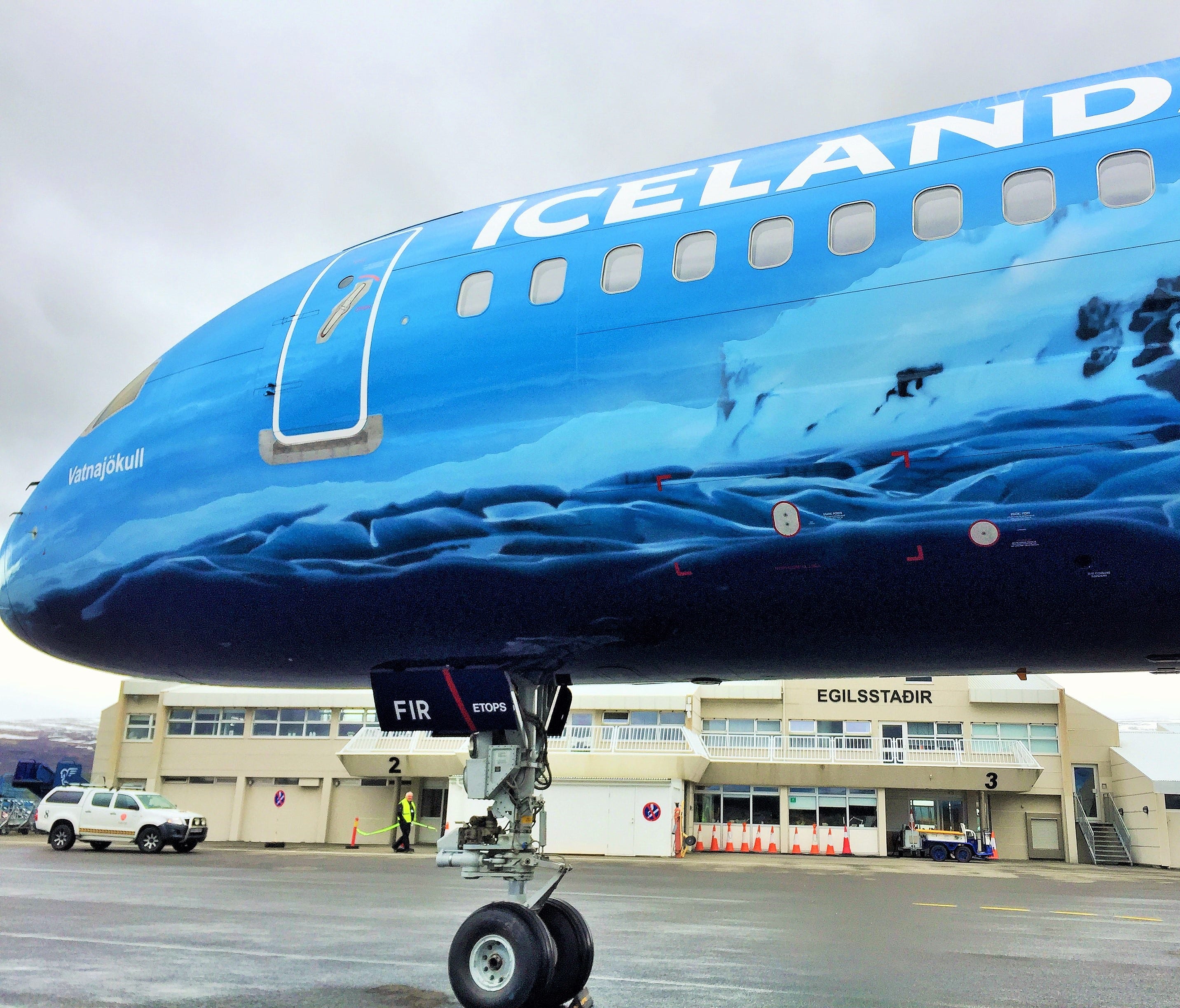 A close-up of the glacier themed plane before it heads back to Reykjavik on May 13, 2017.