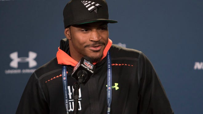 Feb 20, 2015;: Arizona State wide receiver Jaelen Strong speaks to the media at the 2015 NFL Combine at Lucas Oil Stadium.