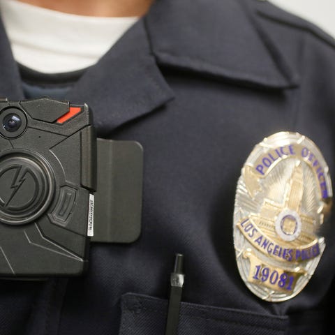 A Los Angeles Police officer wears an on-body came