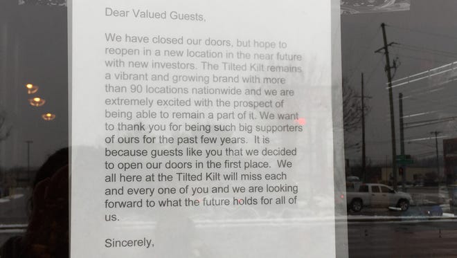 The sign in the window at the Tilted Kilt in Henrietta indicates it has closed.