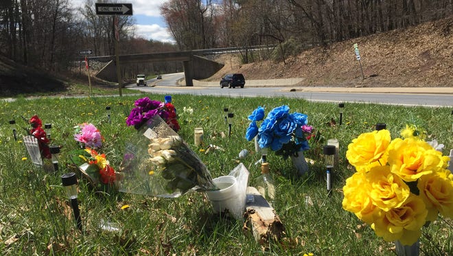 Flowers and items left near the scene of a shooting on Route 72 in Cornwall Borough that took the lives of two Reading men April 9, 2018.