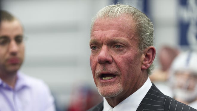 Jim Irsay, owner and CEO of the Indianapolis Colts, talks with reporters. The Indianapolis Colts hosted the Chuckstrong Tailgate Gala Friday, April 24, 2015, at Indiana Farm Bureau Football Center. The event brought about 600 guests together to raise money for cancer research at the IU Melvin and Bren Simon Cancer Center.