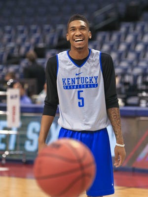 Kentucky's Malik Monk laughs during Sweet Sixteen practice at the FedExForum in Memphis Thursday afternoon.
