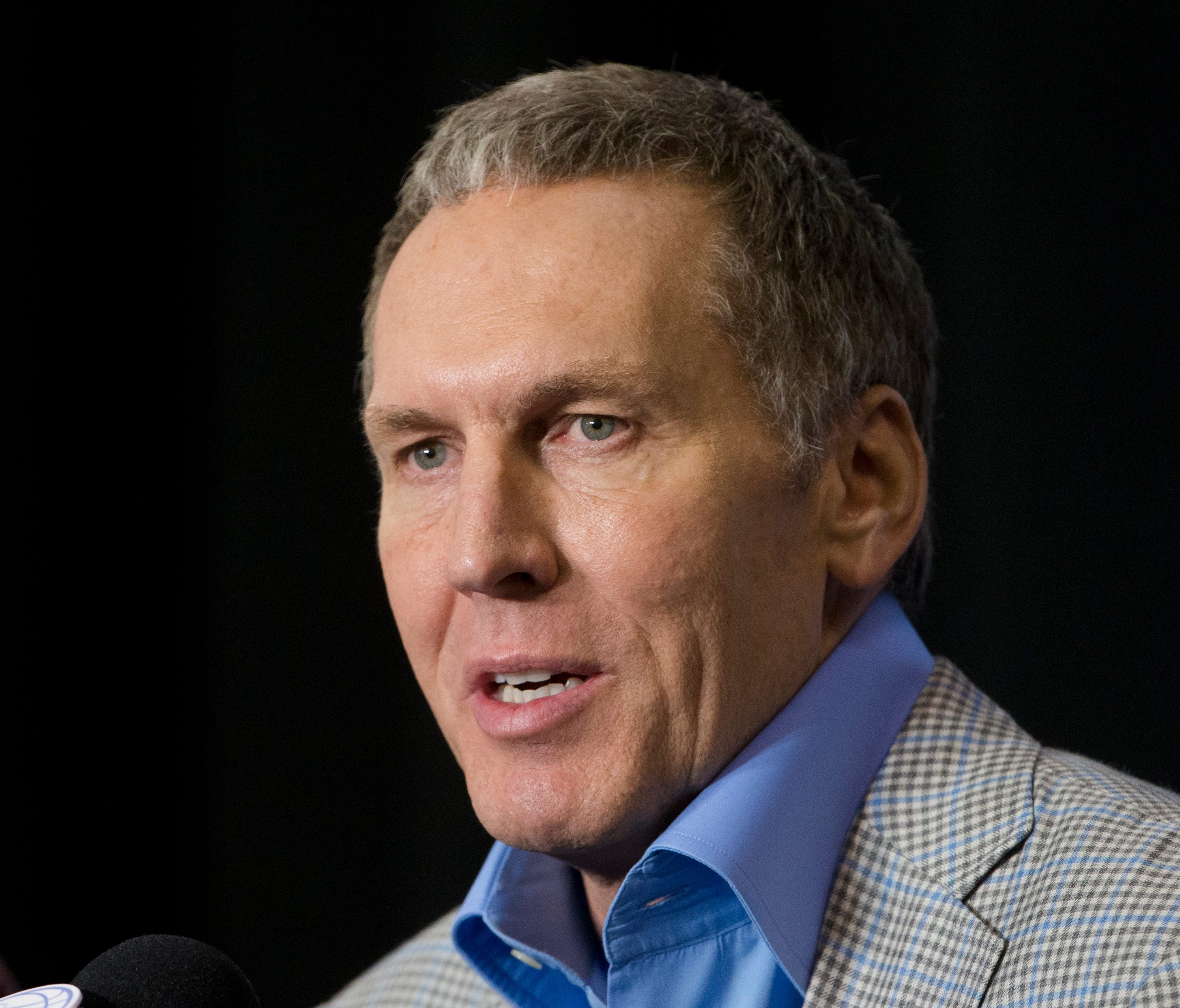 Philadelphia 76ers President of Basketball Operations Bryan Colangelo speaking during a news conference in Philadelphia.