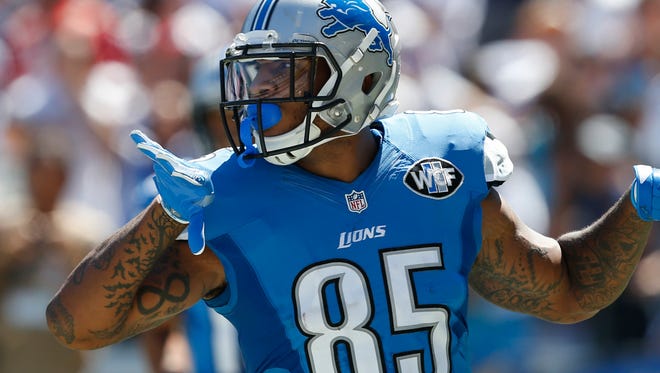 Lions tight end Eric Ebron reacts after scoring a touchdown Sunday in San Diego.