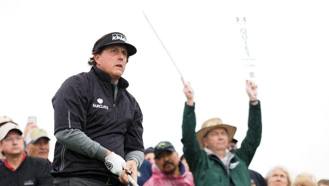 Phil Mickelson watches his tee shot on the third hole during the second round of the 2015 Waste Management Phoenix Open at TPC Scottsdale.