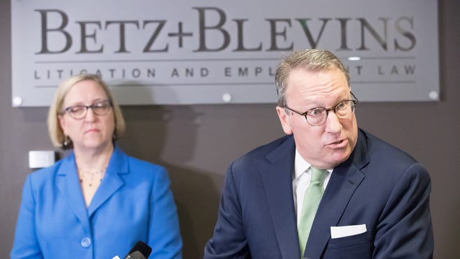 Lawyers from Betz and Blevens Litigation & Employment Law, Kevin W. Betz and Sandra L. Blevins give a press conference discussing the possibility of a defamation suit in regards to a memo leaked to the media in the investigation of groping allegations against Indiana Attorney General Curtis Hill, at their Indianapolis offices on Wednesday, July 18, 2018. 