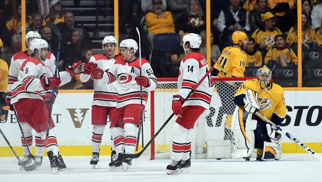 The Carolina Hurricanes scored four first-period goals against the Predators on Thursday.
