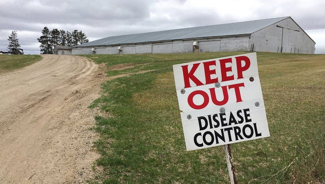 This April 20, 2015, file photo shows a sign warning visitors to stay away outside an infected turkey farm in Melrose, Minn.