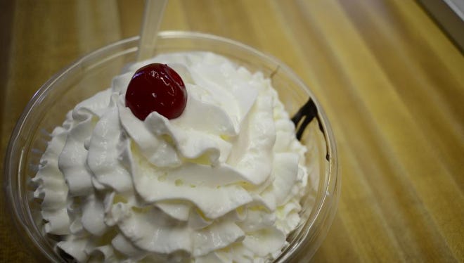 A classic hot fudge sundae from Ivanhoe’s, seen Sept. 16, in Upland, Indiana.