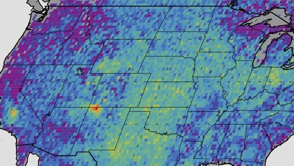 This image is constructed from satellite data which was taken and averaged over seven years. It shows a red bull’s eye near the Four Corners region, revealing a significantly higher concentration of methane in comparison to the rest of the country.