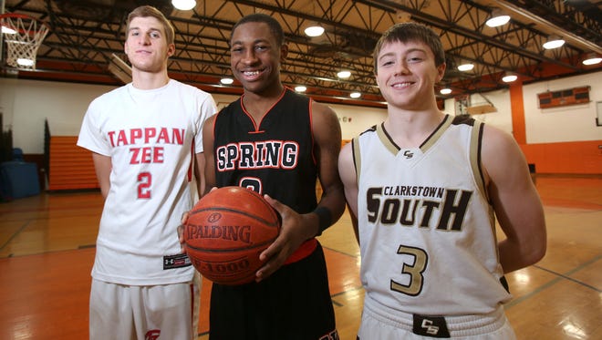 Tappan Zee’s Luke McLaughlin, left, Spring Valley’s Rickey McGill, and Clarkstown South’s Conor McGuinness are 1,000-point scorers and longtime friends.