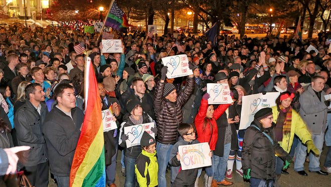 About 1,500 people gather to celebrate marriage equality after a federal judge declined to stay his ruling that legalized same-sex marriage in Utah.
