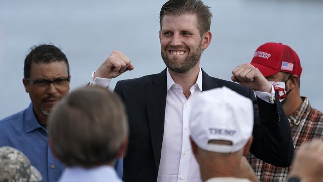 Eric Trump, the son of President Donald Trump, speaks at a campaign rally for his father, Tuesday, Sept. 17, 2020, in Saco, Maine.