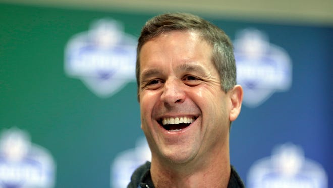 Baltimore Ravens coach John Harbaugh speaks during a news conference in Indianapolis on March 1, 2017.