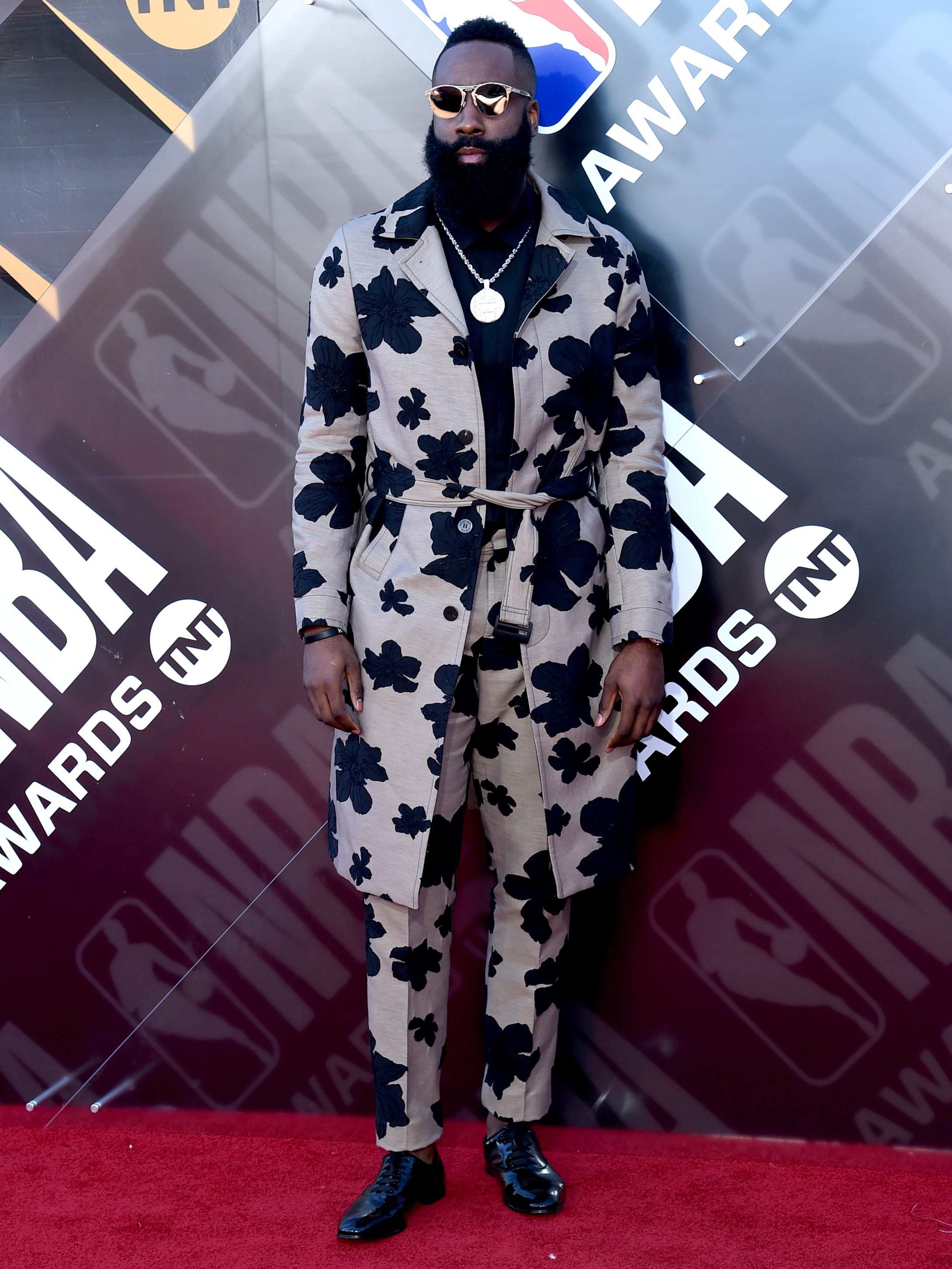 How would you describe James Harden's outfit?