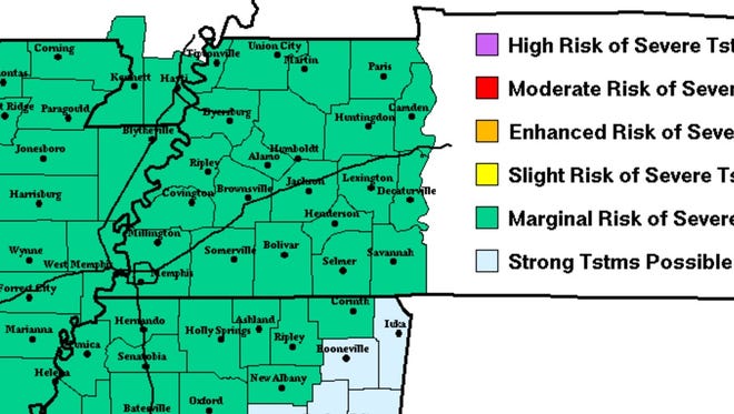 Map provided by the National Weather Service of Memphis. According to NWS, there is a marginal risk for severe thunderstorms late this afternoon and evening, northwest of a line from Grenada, Mississippi, to Savannah, Tennessee. Damaging winds will be the primary threat.
