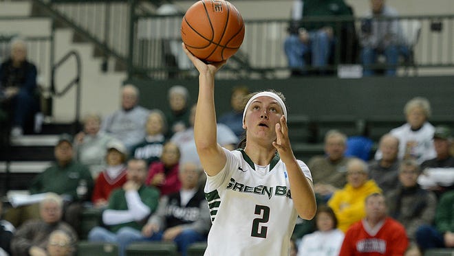 UWGB's Tesha Buck (2) lays up a shot against Valparaiso at the Kress Events Center in Green Bay.