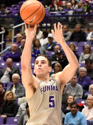 Andrew Brown (5) has averaged 9 points per game this season, but has averaged 17 points in the Furman men's basketball team's past four games.