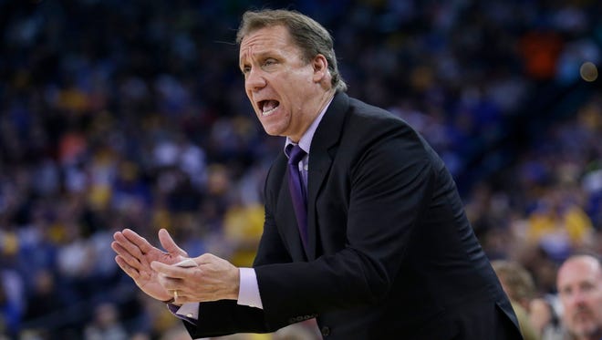 Minnesota Timberwolves coach Flip Saunders argues a call during a game in April