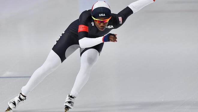 USA's Erin Jackson competes in the women's 500m speed skating event during the Pyeongchang 2018 Winter Olympic Games at the Gangneung Oval in Gangneung on February 18, 2018.