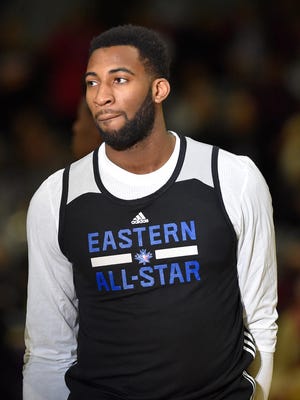 Feb 13, 2016; Eastern Conference center Andre Drummond of the Detroit Pistons (0) looks on during practice for the NBA All Star game at Ricoh Coliseum.