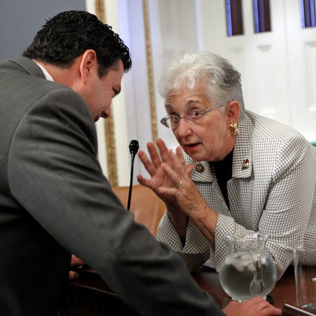 Rep. Virginia Foxx, R-N.C., speaks with Chaffetz before he testifies on the "cut, cap and balance" plan at the Capitol on July 18, 2011.