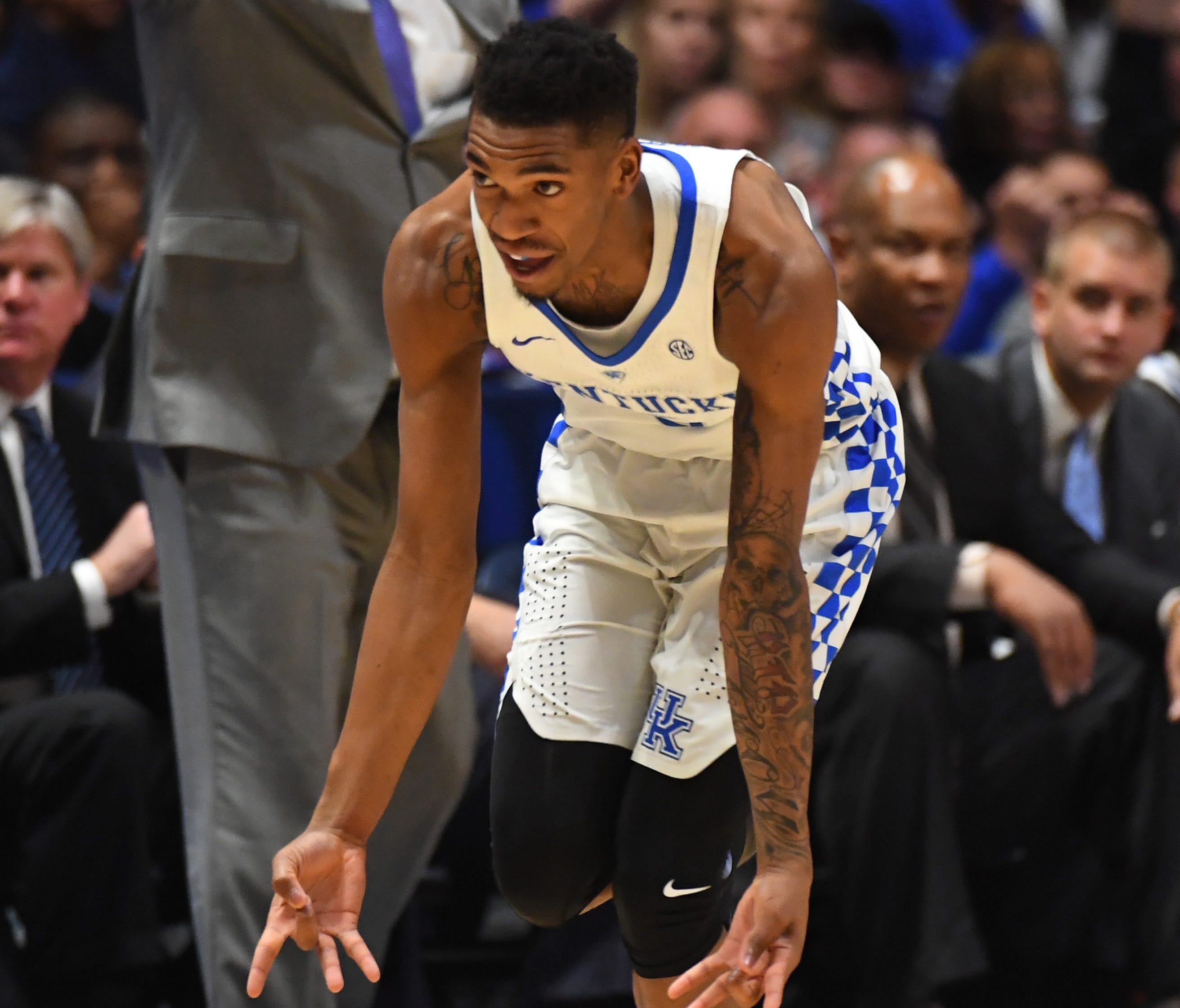 Kentucky Wildcats guard Malik Monk (5) celebrates after a three pointer during the second half against the Arkansas Razorbacks during the SEC Conference Tournament at Bridgestone Arena.
