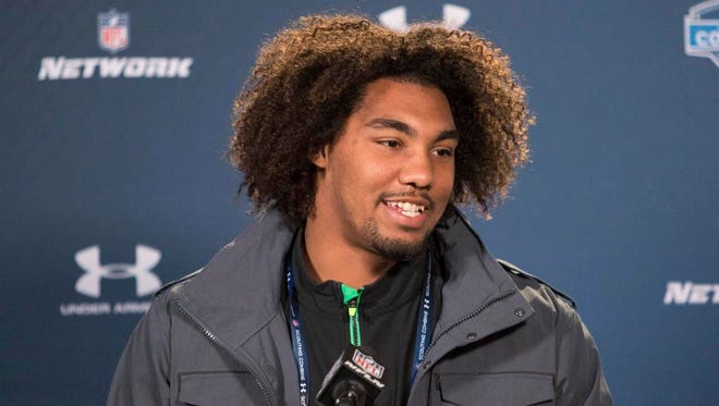 Southern California defensive linemen Leonard Williams speaks to the media at the 2015 NFL Combine at Lucas Oil Stadium in Indianapolis on Friday.