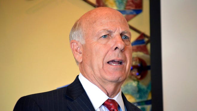 New Mexico GOP gubernatorial hopeful Steve Pearce speaks to business leaders in Albuquerque, N.M., on Monday, July 30, 2018, about his plan to transform the state's economy. Pearce and New Mexico gubernatorial candidate Democrat Rep. Michelle Lujan Grisham are pushing dueling economic plans aimed at tackling poverty in one of the nation's poorest states.