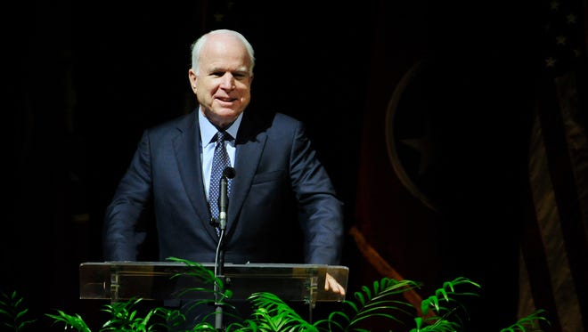 Sen. John McCain shares memories about Fred Thompson during Thompson's memorial service at War Memorial Auditorium on Friday, Nov. 6, 2015 in Nashville, Tenn.