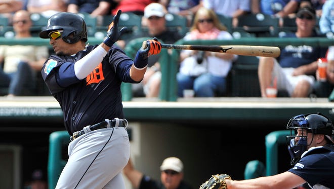 Victor Martinez smacks an RBI-single in the first inning Thursday.