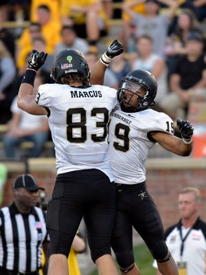 Vanderbilt tight end Nathan Marcus (83) and wide receiver C.J. Duncan (19) should be key pieces in the offense this season.