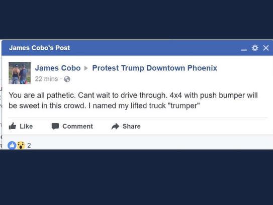 James Cobo's Facebook post in an event for Trump protesters.