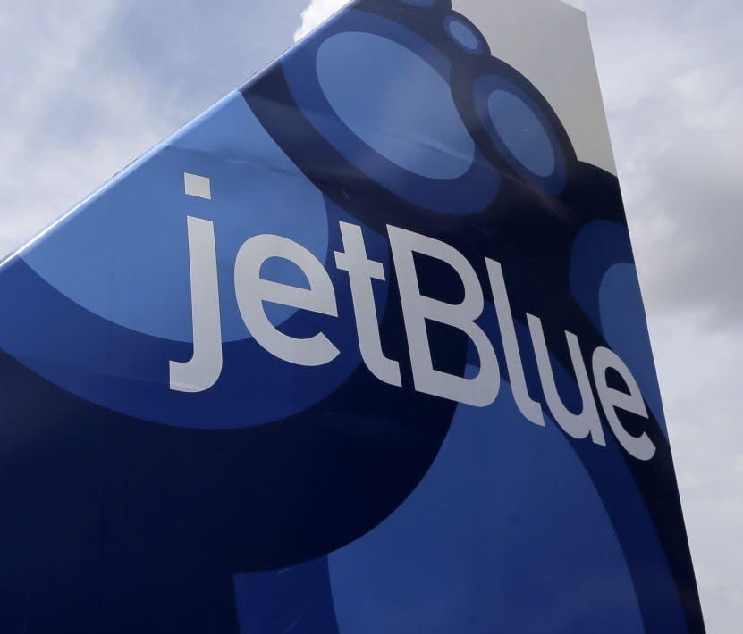 A mock tail of a JetBlue Airways plane on display June 10, 2015, in Sunrise, Fla.