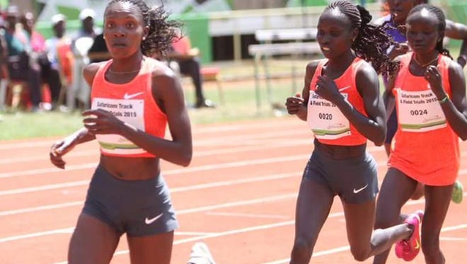 Betsy Saina, leading in the 2015 Kenya world championship 10,000 trials in Nairobi, Kenya.