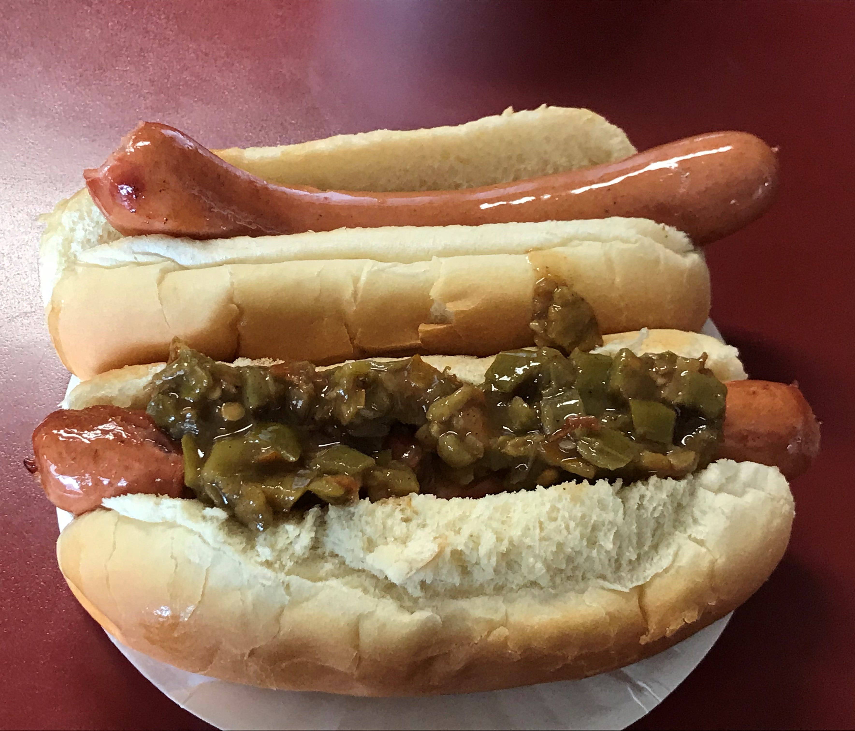 Hot dogs are the main event, and most guests get at least two. This shows one with and one without the legendary secret recipe hot pepper relish.