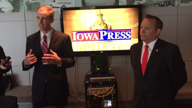 Iowa Secretary of State candidates Brad Anderson, left, and Paul Pate, right, take questions following their debate on "Iowa Press."